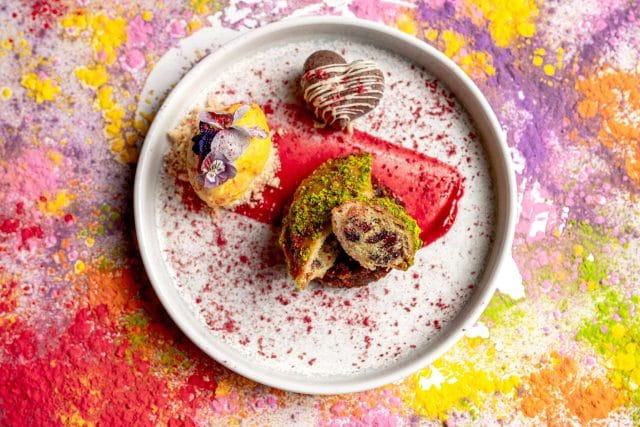 A vibrant and authentic pan-Indian Mithai platter served to celebrate the Holi festival at Essence by Atul Kochhar in Tunbridge Wells.