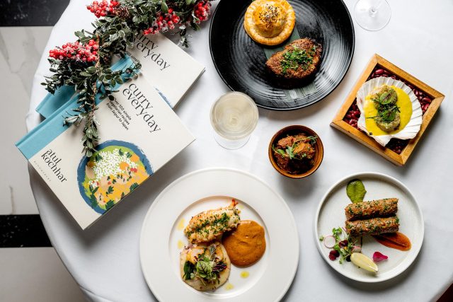 A beautifully set table prepared for the festive Christmas pan-Indian fine dining menus at Essence by Atul Kochhar in Tunbridge Wells.