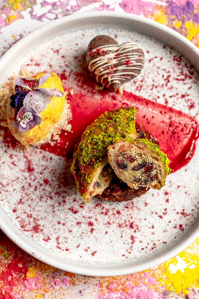 A traditional pan-Indian lamb keema pao starter presented elegantly for the Holi festival celebration at Essence by Atul Kochhar.