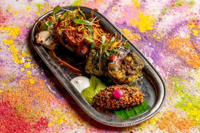 Gourmet Indian tapas and authentic street food specialities presented for the vibrant Holi festival at Essence by Atul Kochhar in Tunbridge Wells.