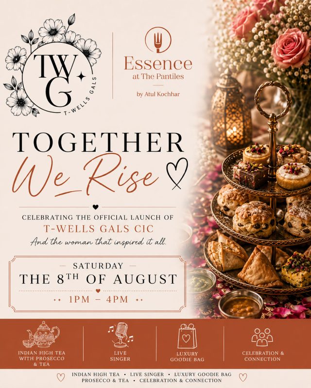 A decorative high tea stand featuring traditional Indian treats and British scones for the Together We Rise event at Essence in Tunbridge Wells.